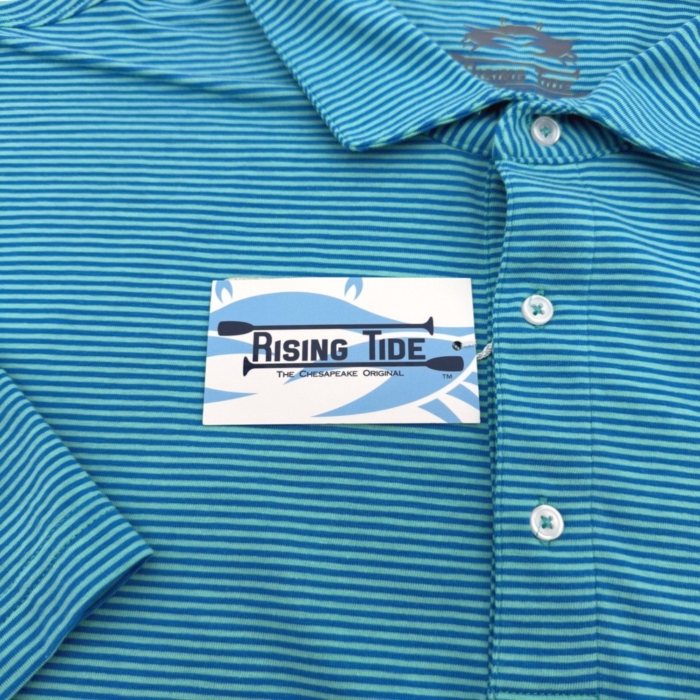 Rising Tide Polo Shirt Mens XXL Blue Green Stripe Cotton Blend Short Sleeve NEW - Picture 3 of 12